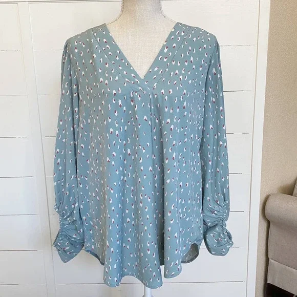 Mint Green Printed V-Neck Bubble long sleeve blouse - Picture 6 of 16